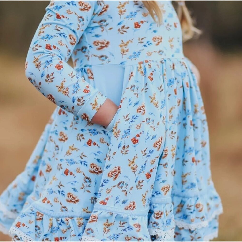 Makena Lane Laila Twirl Girls Baby Blue Floral Long Sleeve Dress Size 7 - Picture 10 of 11